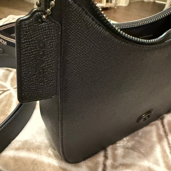 COACH Signature Coated Canvas Hobo Solid Black Crossbody - Picture 4 of 10